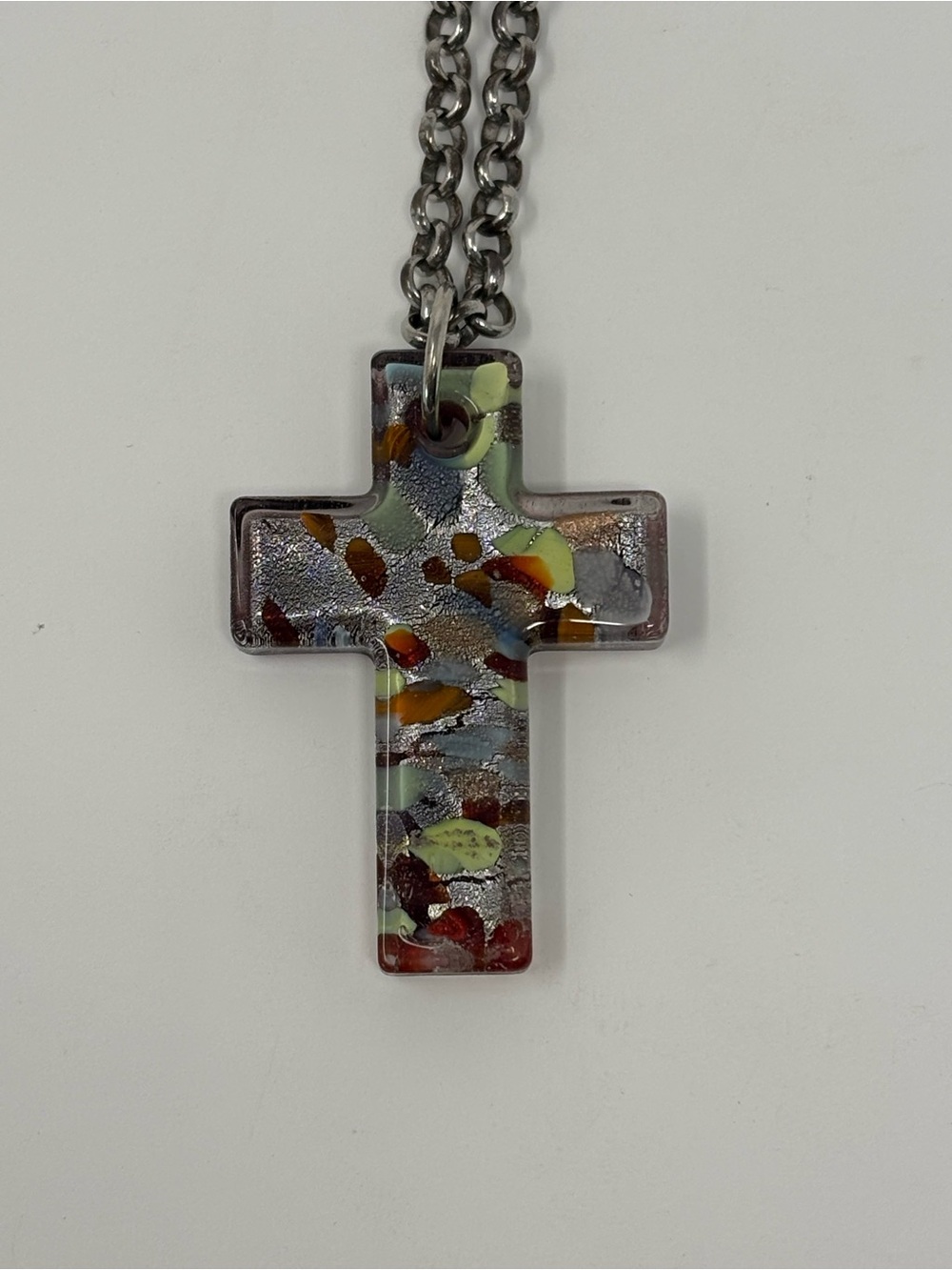Multicolor Dichroic Handmade Art Glass Cross Pendant Necklace